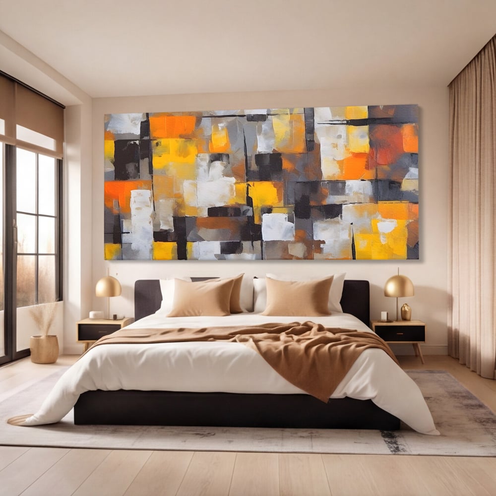 Tablou canvas cu tablou canvas cu patrate abstracte, fara rama, pe sasiu de lemn, pe perete intr-un dormitor